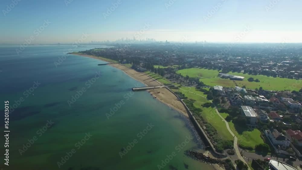 Forward flight along Melbourne coastline towards Elwood Beach on bright sunny day Forward flight along Melbourne coastline towards Elwood Beach on bright sunny day