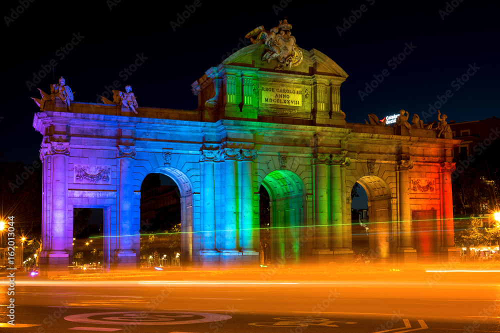 Alcala Gate in Madrid Celebrating World Pride Week Illuminated in Raainbow Colors