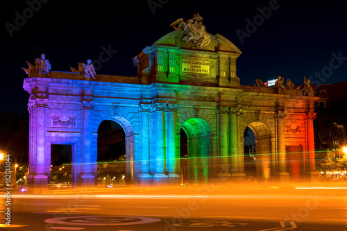 Alcala Gate in Madrid Celebrating World Pride Week Illuminated in Raainbow Colors photo