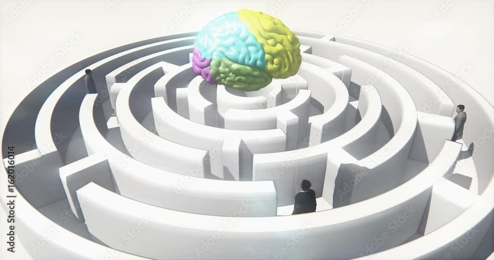 4k color brain above the maze,many businessmen standing in the labyrinth,artificial intelligence. 4k color brain above the maze,many businessmen standing in the labyrinth,artificial intelligence.