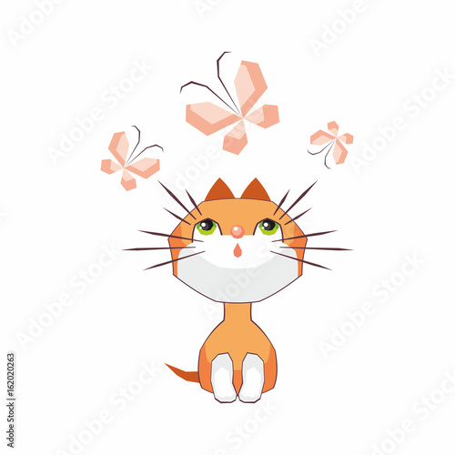 Small funny kitten plays with a butterfly. Children vector illustration in cartoon style.