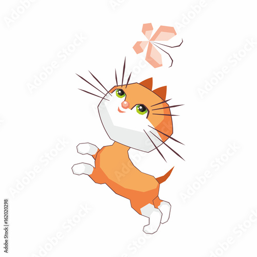 Small funny kitten plays with a butterfly. Children vector illustration in cartoon style.