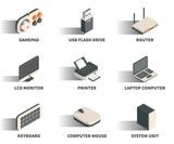Isometric 3D web icon set - Gamepad, usb flash drive, router, monitor, printer, laptop, keyboard, computer mouse, system unit.