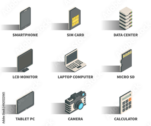 Isometric 3D web icon set - Smartphone, sim card, data center, monitor, laptop computer, micro sd, tablet pc, camera, calculator.