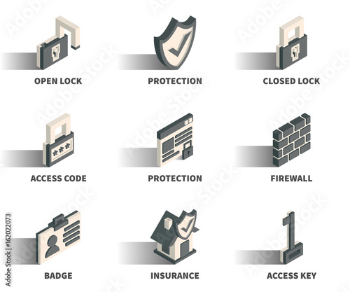 Isometric 3D web icon set - Lock, protection, access code, firewall, badge, insurance, key