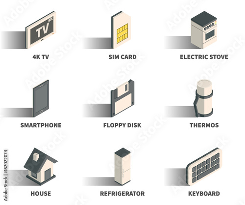 Isometric 3D web icon set - 4K TV, sim card, electric stove, smartphone, floppy disk, thermos, house, refrigerator, keyboard.