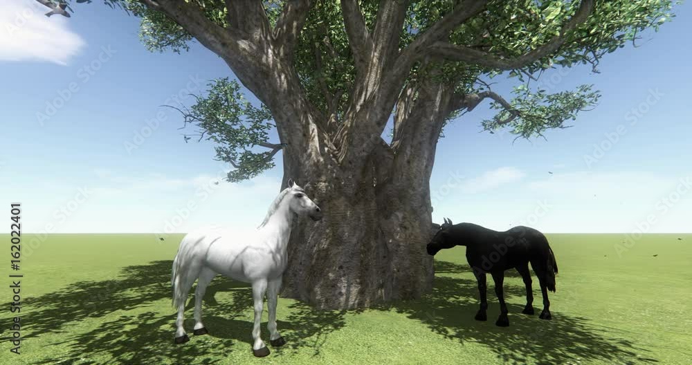 4k white horse & black horse under big tree,butterfly & bird flying,foal pet,farm animal wild life. 4k white horse & black horse under big tree,butterfly & bird flying,foal pet,farm animal wild life.