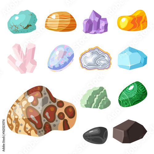 Semi precious gemstones stones and mineral stone isolated dice colorful shiny crystalline vector illustration