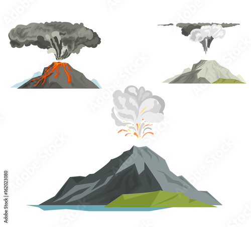 Volcano magma nature blowing up with smoke volcanic eruption lava mountain vector illustration