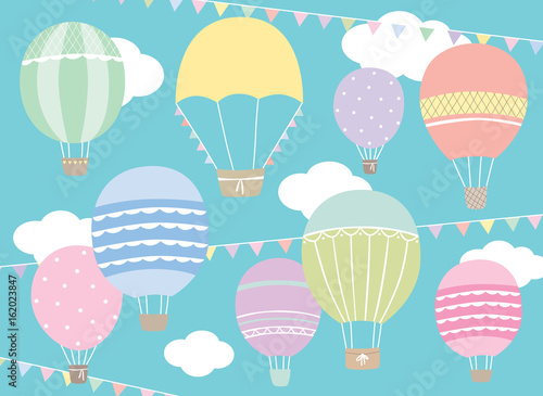 Vector illustration of hot air balloon set in pastel colors.