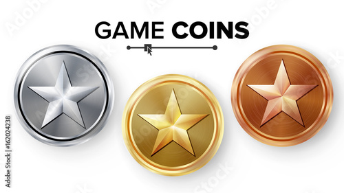 Game Gold, Silver, Bronze Coins Set Vector With Star. Realistic Achievement Icon Illustration. Rank Medals For Game User Interface, Web, Video Game Or App Interface.
