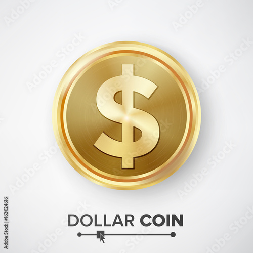 Dollar Gold Coin Vector. Realistic Money Sign Illustration