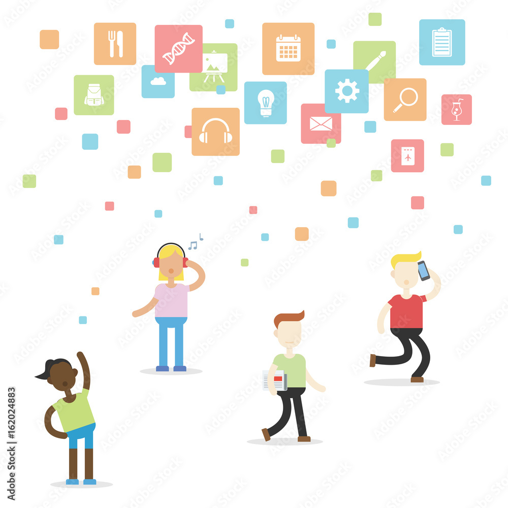 People activity using technology concept with colorful square icon People activity using technology concept with colorful square icon