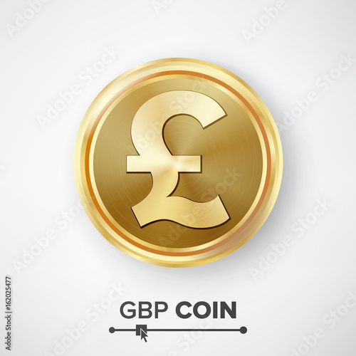 GBP Gold Coin Vector. Realistic Money Sign Illustration