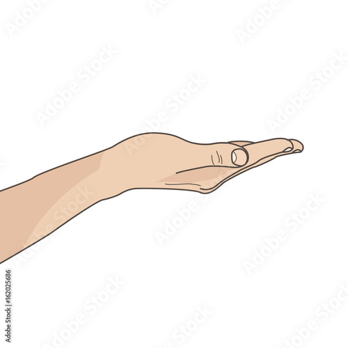 Illustration with hand. Empty open palm. Hand keeping, offering something
