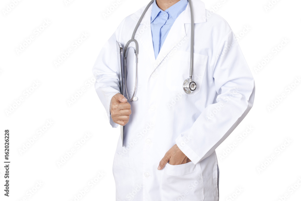 Doctor holding folder with disease files and stethoscope on white background. Doctor holding folder with disease files and stethoscope on white background.