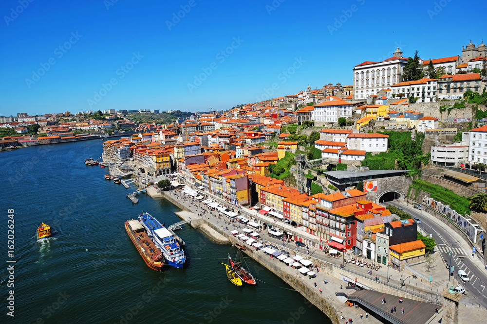 Porto, Portugal old town skyline from Dom Luis bridge on  Douro River.