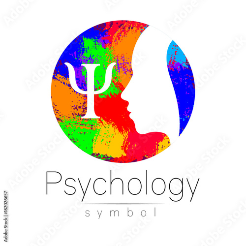 Modern head Logo sign of Psychology. Profile Human. Letter Psi. Creative style. Symbol in vector. Design concept. Brand company. White color isolated on rainbow brush background Icon for web logotype.