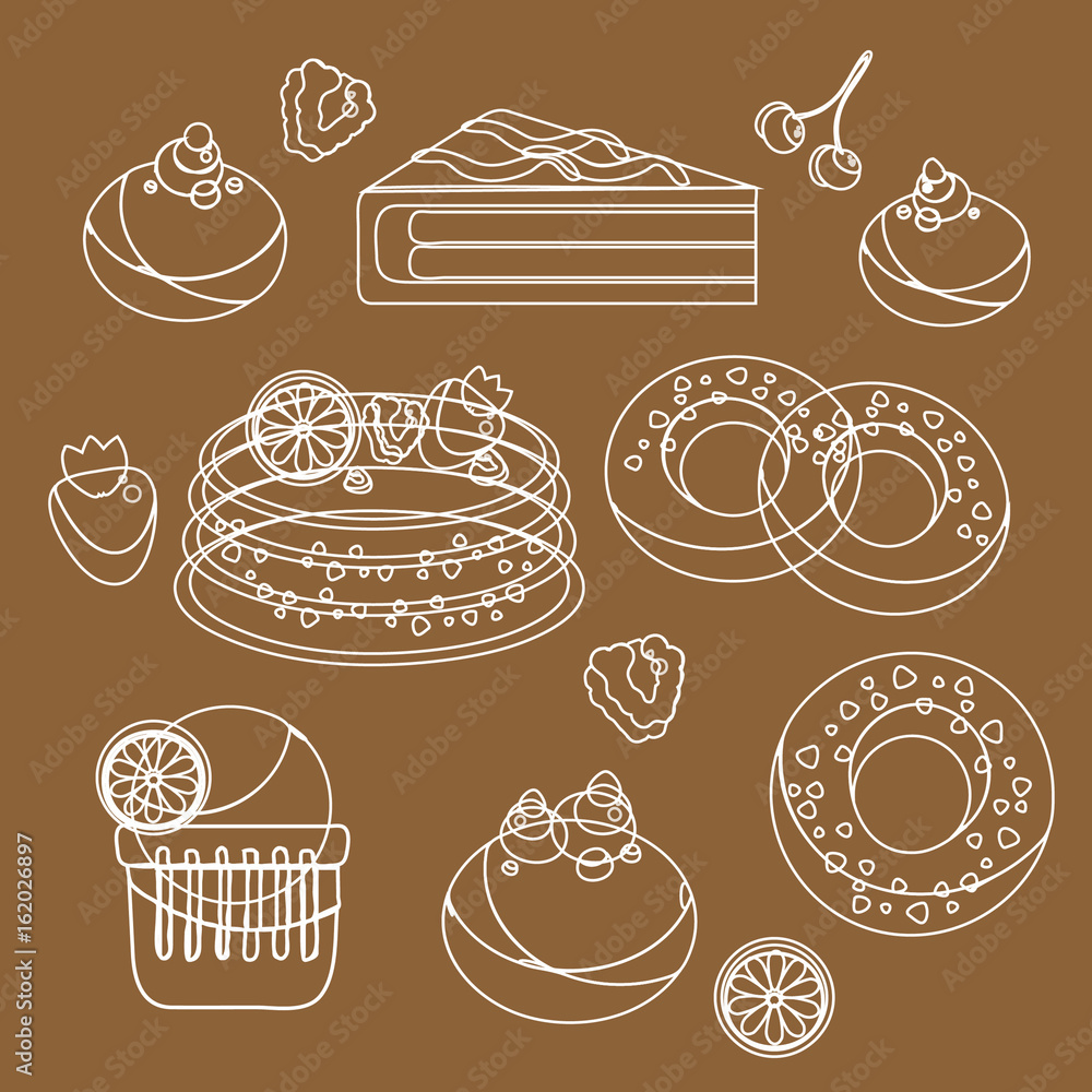 Bakery set of pastry with fruits around. White silhouette items om brown background
