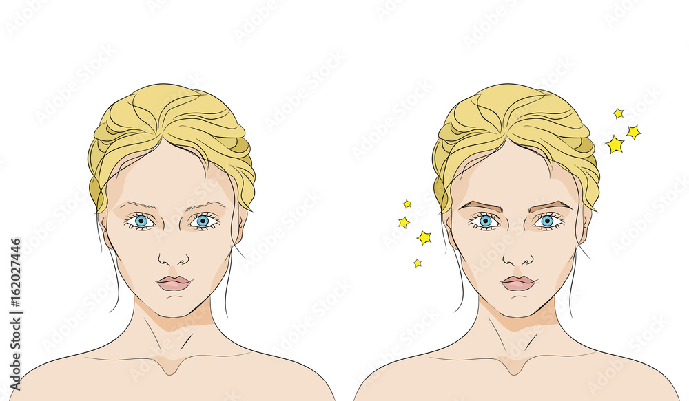 Two faces of a same woman with sparse and beautiful eyebrows on white background Two faces of a same woman with sparse and beautiful eyebrows on white background