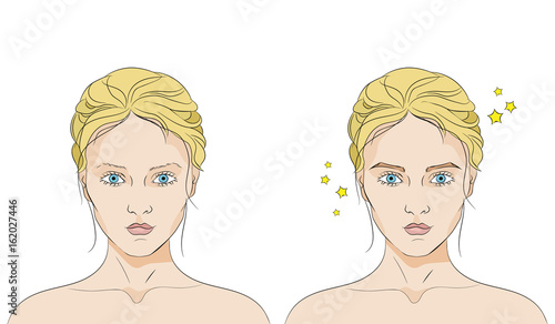 Two faces of a same woman with sparse and beautiful eyebrows on white background