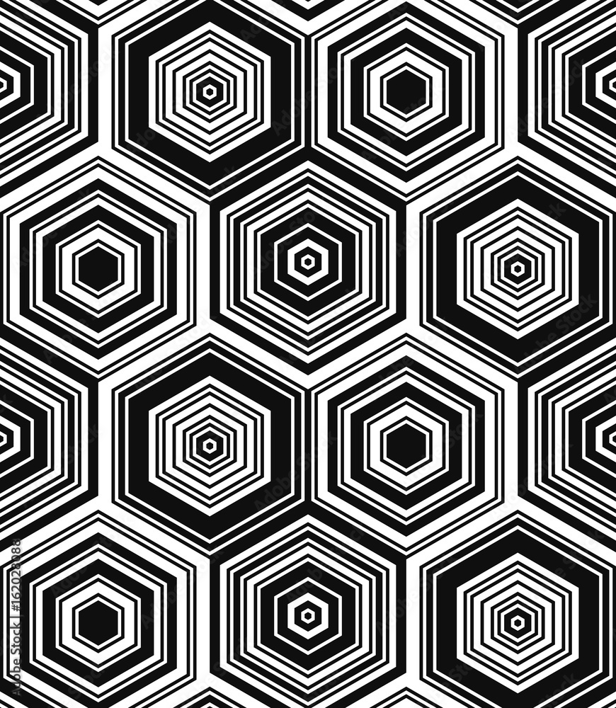 Seamless pattern hexagonal ornaments. Black and white textile print. Retro vector design. Monochrome hexagons.