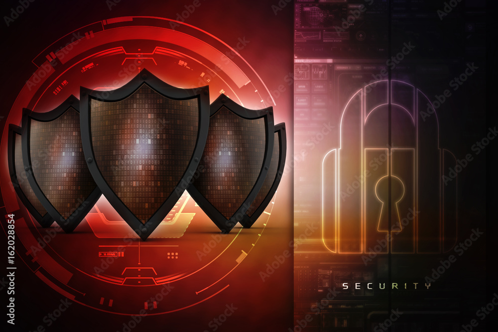 Fototapeta premium 3d illustration Security concept - shield on digital code background