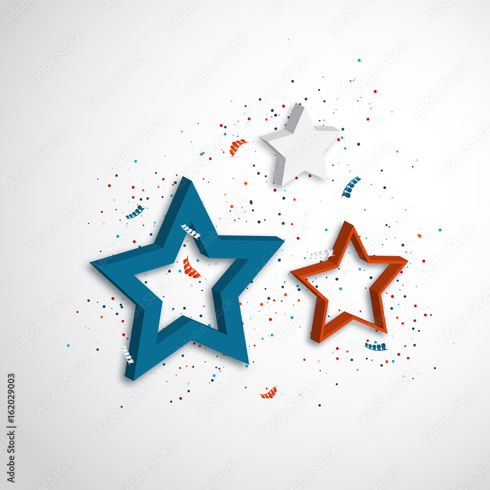 American independence day. Holiday background with 3d stars and confetti. Vector illustration. American independence day. Holiday background with 3d stars and confetti. Vector illustration.