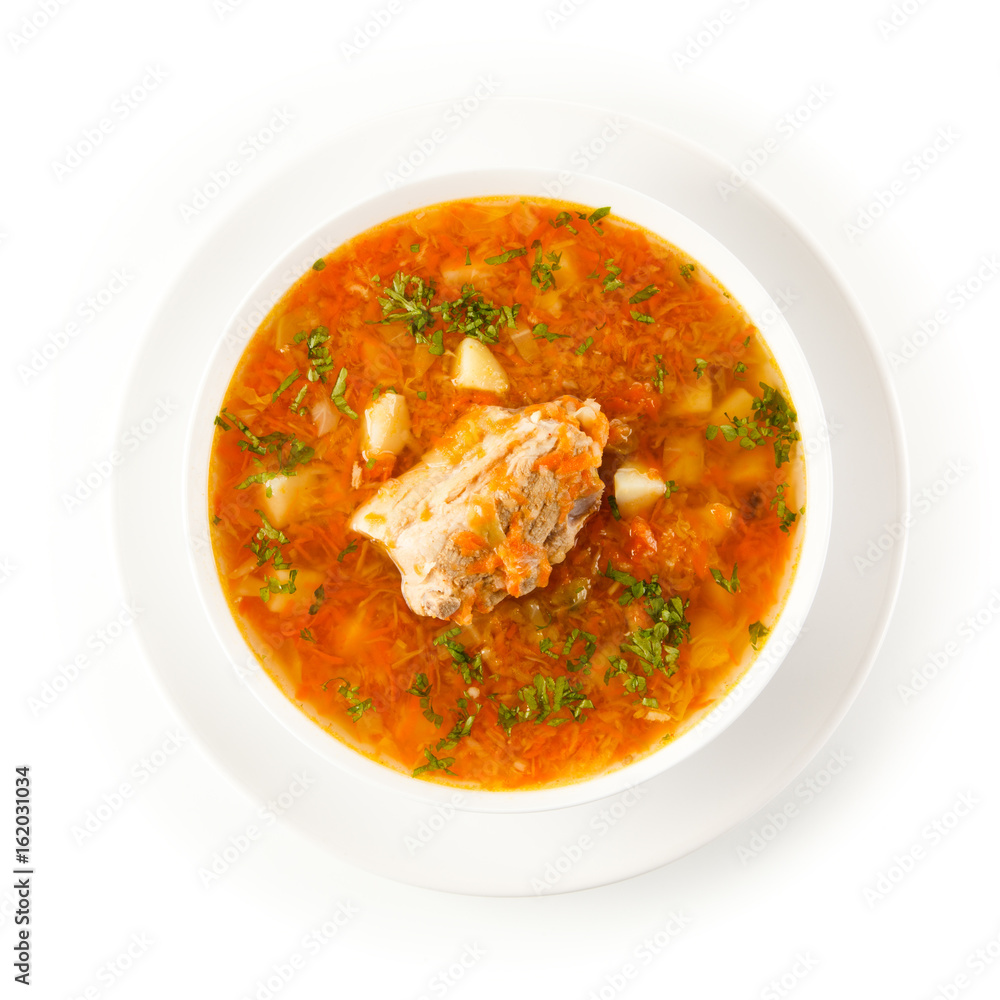Vegetable soup with pork on white background Vegetable soup with pork on white background