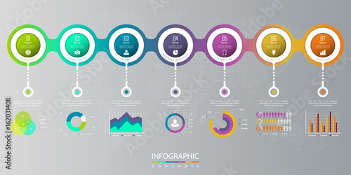Infographic timeline template with 7 options, parts, steps can be used for chart, diagram, web design, presentation, advertising, history, report. Vector infographic illustration