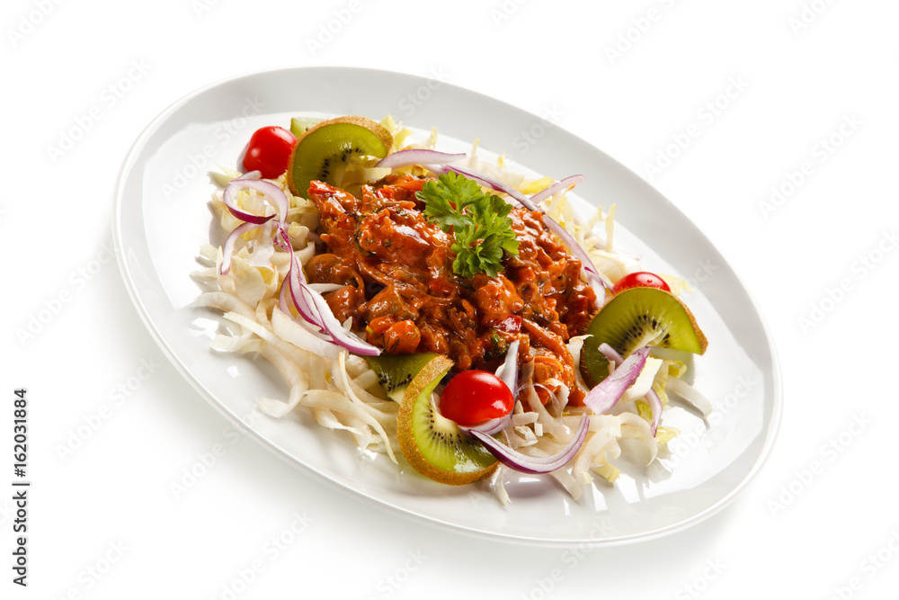 Rice noodles with meat, sauce and vegetables Rice noodles with meat, sauce and vegetables