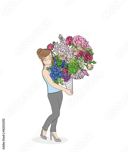 Sketch of little people. Woman with a bouquet of flowers. The concept of a holiday. Hand drawn cartoon vector illustration for design and infographics.