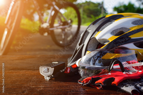 set bicycle equipment on a top wood