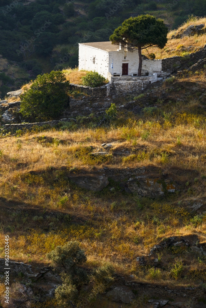 Small rural church in the fields near Ioulida village on Kea island in Greece.
