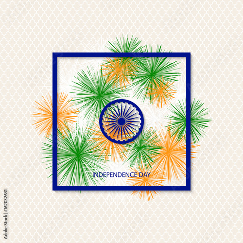 vector holiday indian independence day background with traditionally coloured fireworks and a symbol of a cartwheel