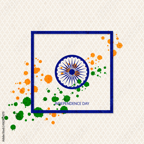 vector holiday indian independence day background with traditionally coloured blots and a symbol of a cartwheel in a frame