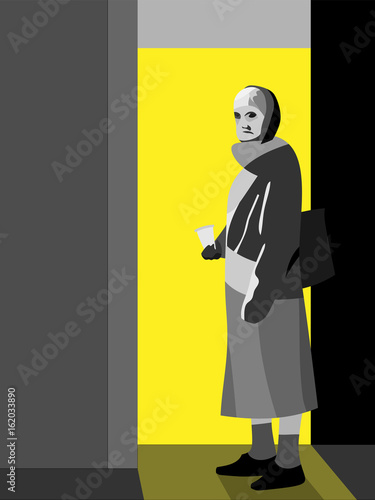 beggar woman near a door