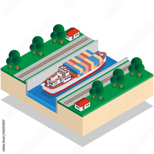 Ship Canal. Isometric. Vector illustration.