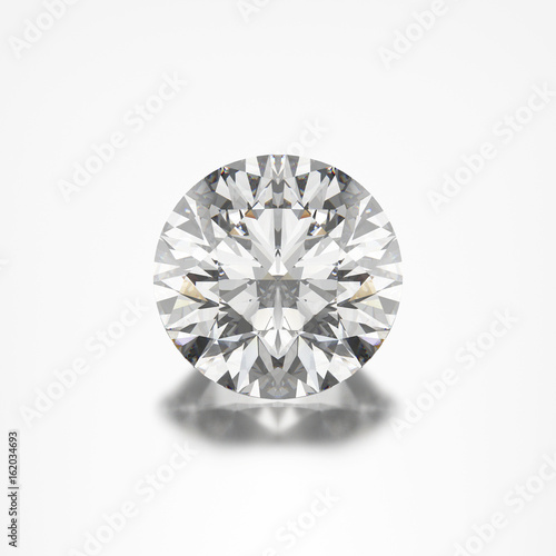 3D illustration closeup round diamond on a grey background with reflection