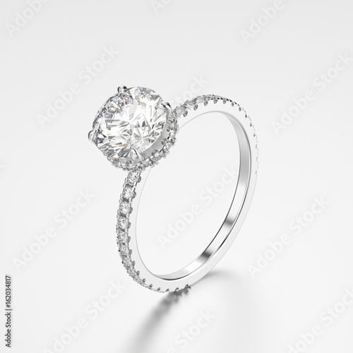 3D illustration silver ring with diamonds with reflection