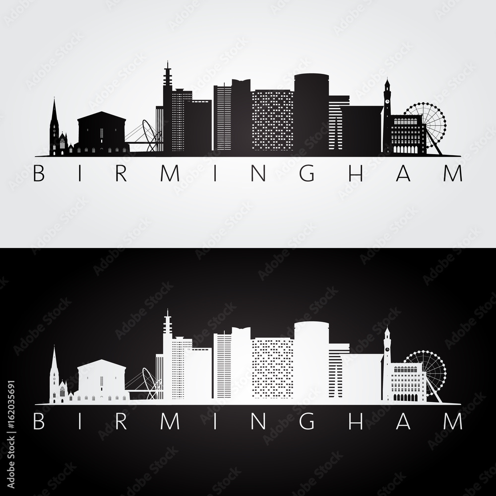 Birmingham skyline and landmarks silhouette, black and white design, vector illustration.