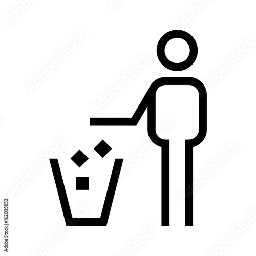 Tidy man symbol. Keep clean icon. Silhouette of a man throwing garbage in a bin isolated on white background. All in a single layer. Vector illustration. Elements for design.