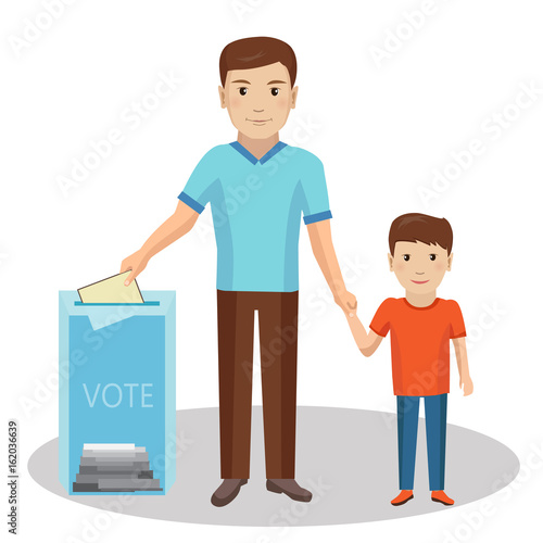 Man vote at transparent ballot box. Father brought his son to the polling station. Vector illustration