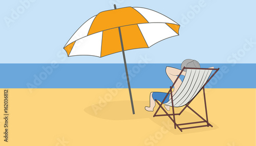 A man is sunning on the beach in a deckchair. Concept of vacation. Hand drawn cartoon vector illustration for design and infographics.