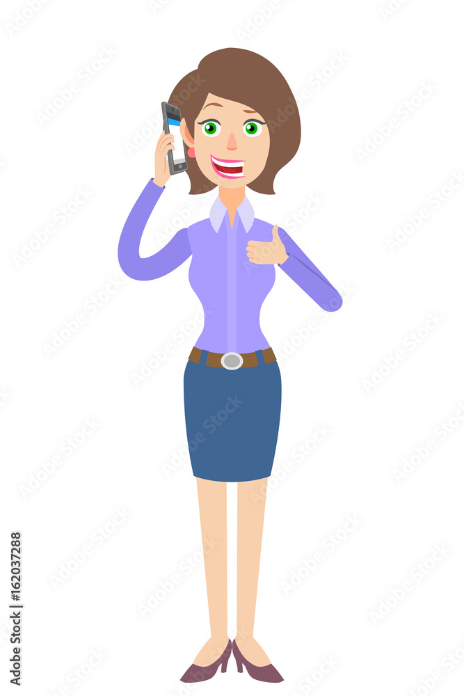 Businesswoman talking on mobile phone and showing thumb up Businesswoman talking on mobile phone and showing thumb up