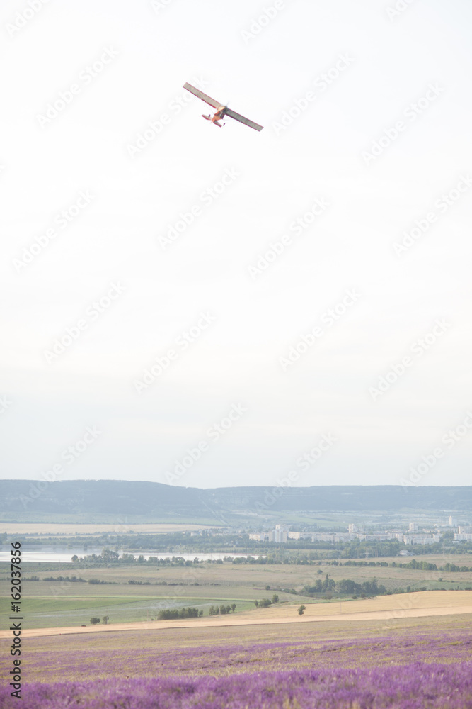 Aeroplane Flying under Blooming Lavender Field Aeroplane Flying under Blooming Lavender Field