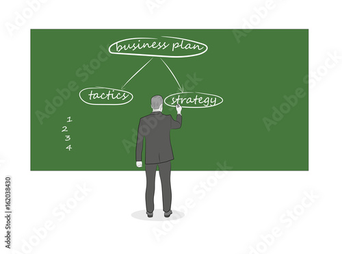 Businessman writes on a blackboard a business development plan. Hand drawn cartoon vector illustration for design and infographics.