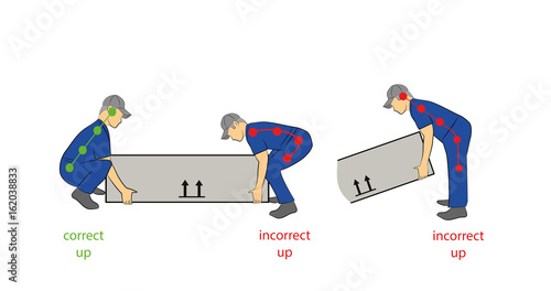 Correct posture for the safe lifting of a heavy object. Health care. Hand drawn cartoon vector illustration for design and infographics.