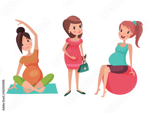 Pregnancy motherhood people expectation concept happy pregnant woman character life with big belly vector illustration