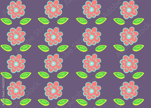 Seamless pink flowers and green leaves pattern on purple, floral texture on purple background